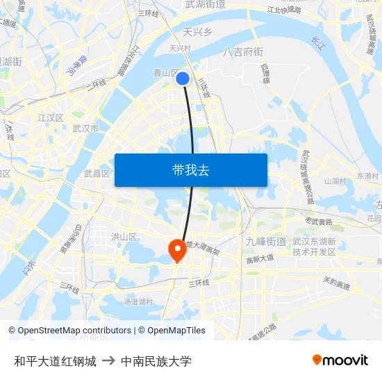 和平大道红钢城 to 中南民族大学 map