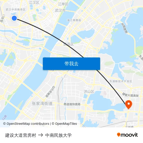 建设大道营房村 to 中南民族大学 map