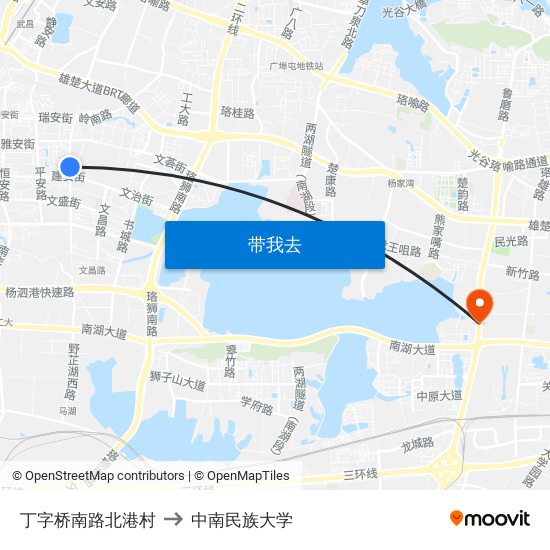 丁字桥南路北港村 to 中南民族大学 map