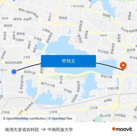 南湖大道省农科院 to 中南民族大学 map