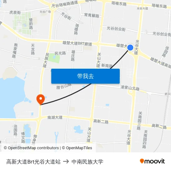 高新大道Brt光谷大道站 to 中南民族大学 map