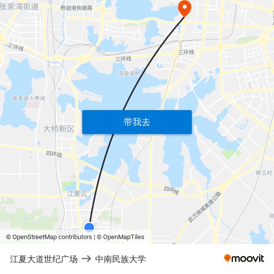 江夏大道世纪广场 to 中南民族大学 map