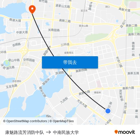 康魅路流芳消防中队 to 中南民族大学 map