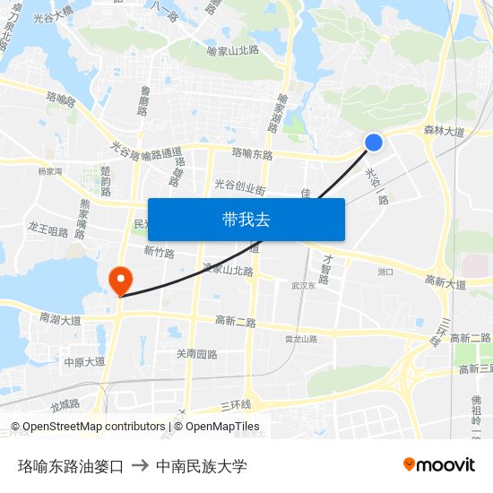 珞喻东路油篓口 to 中南民族大学 map