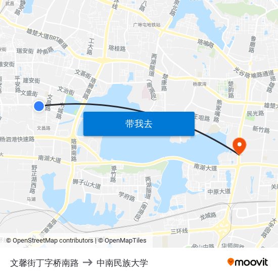 文馨街丁字桥南路 to 中南民族大学 map