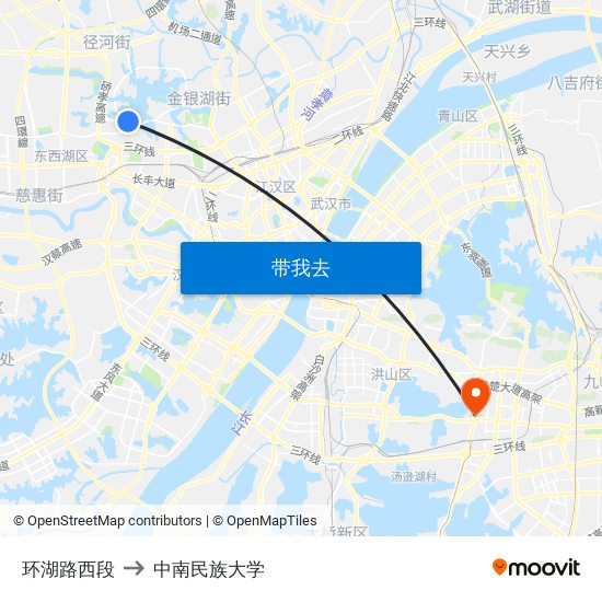环湖路西段 to 中南民族大学 map