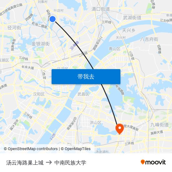 汤云海路巢上城 to 中南民族大学 map