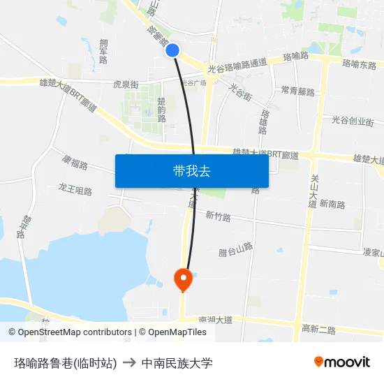 珞喻路鲁巷(临时站) to 中南民族大学 map
