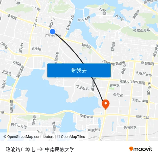 珞喻路广埠屯 to 中南民族大学 map