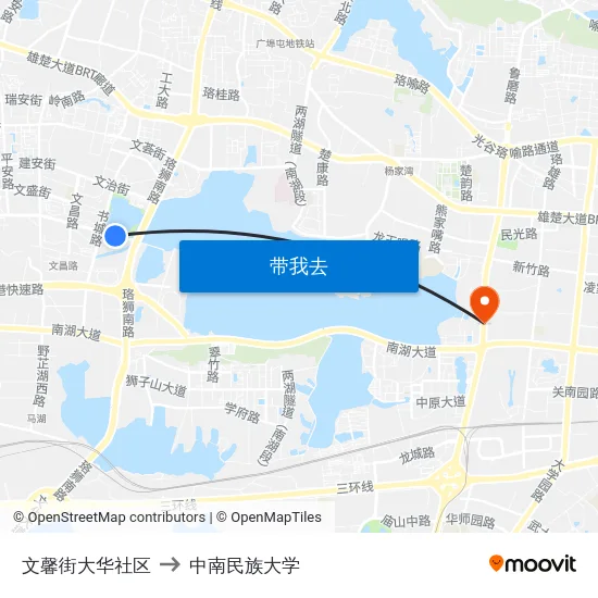 文馨街大华社区 to 中南民族大学 map