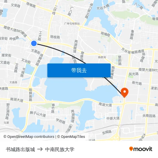 书城路出版城 to 中南民族大学 map