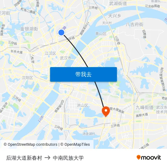 后湖大道新春村 to 中南民族大学 map