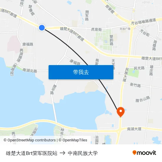 雄楚大道Brt荣军医院站 to 中南民族大学 map