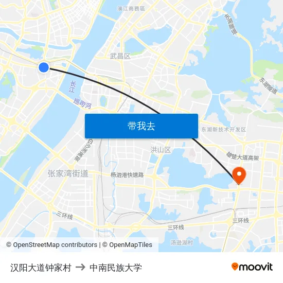 汉阳大道钟家村 to 中南民族大学 map