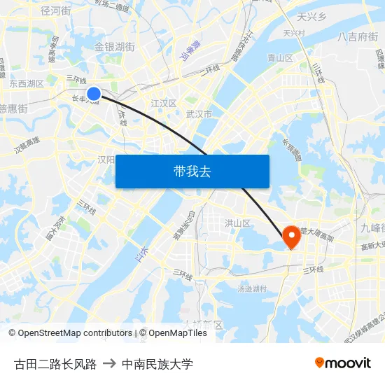 古田二路长风路 to 中南民族大学 map