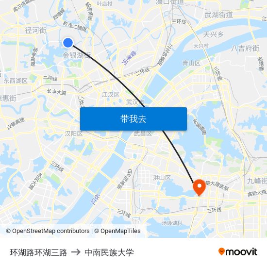 环湖路环湖三路 to 中南民族大学 map