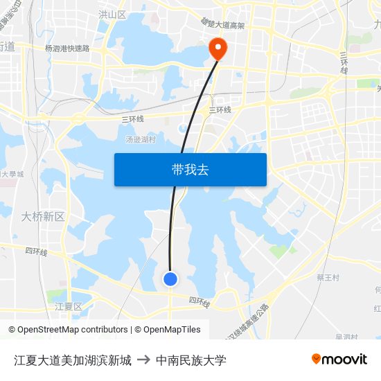 江夏大道美加湖滨新城 to 中南民族大学 map