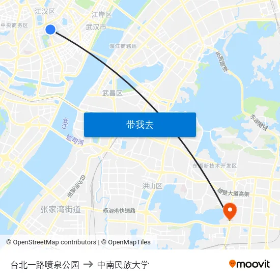 台北一路喷泉公园 to 中南民族大学 map