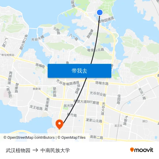 武汉植物园 to 中南民族大学 map