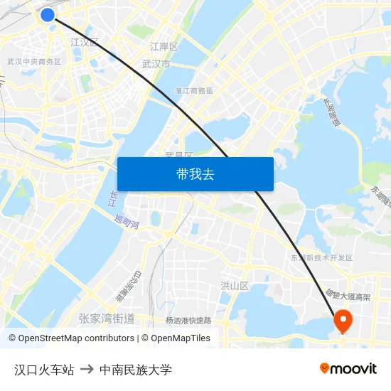 汉口火车站 to 中南民族大学 map