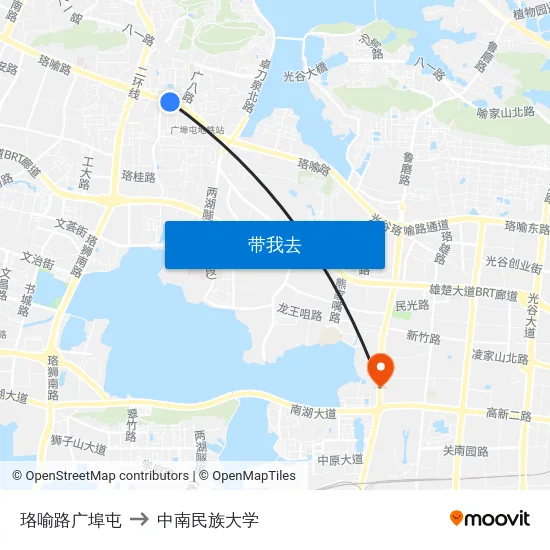珞喻路广埠屯 to 中南民族大学 map