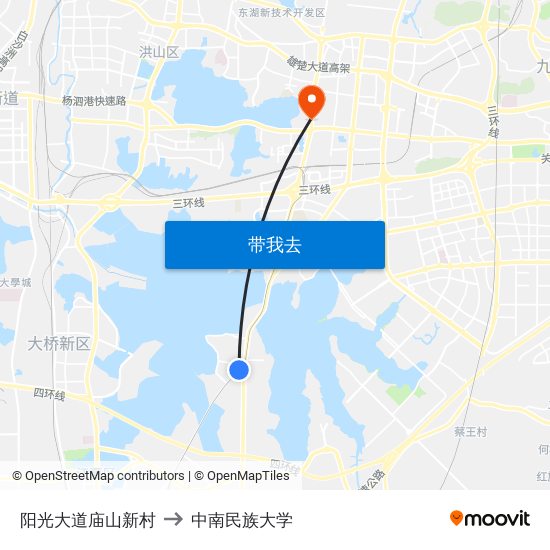 阳光大道庙山新村 to 中南民族大学 map