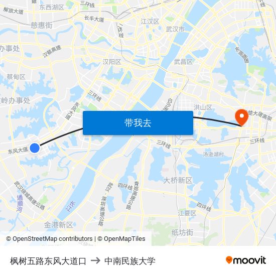 枫树五路东风大道口 to 中南民族大学 map