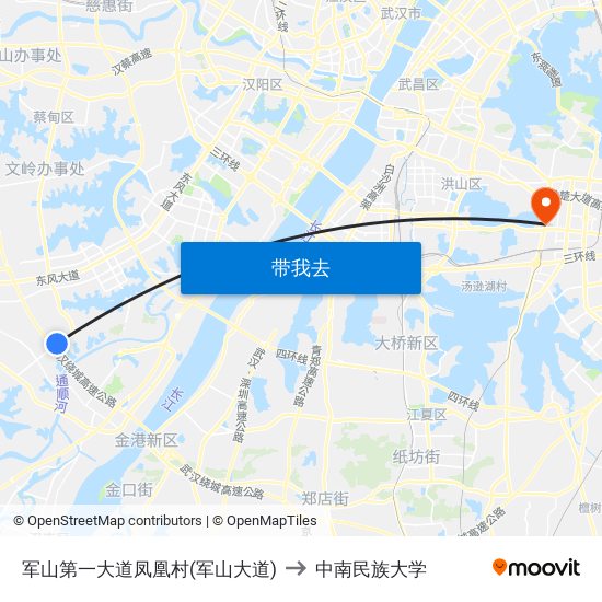 军山第一大道凤凰村(军山大道) to 中南民族大学 map