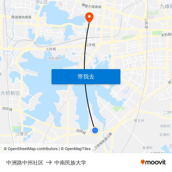 中洲路中州社区 to 中南民族大学 map