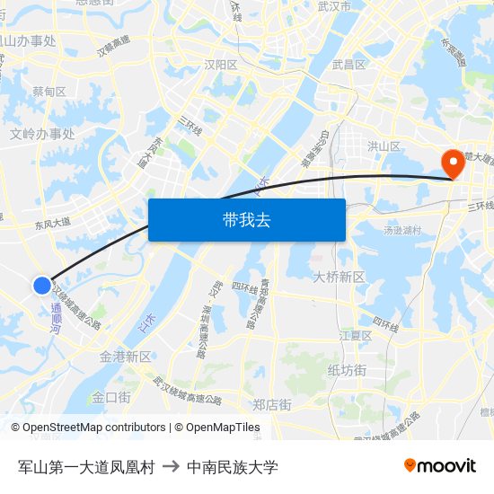军山第一大道凤凰村 to 中南民族大学 map
