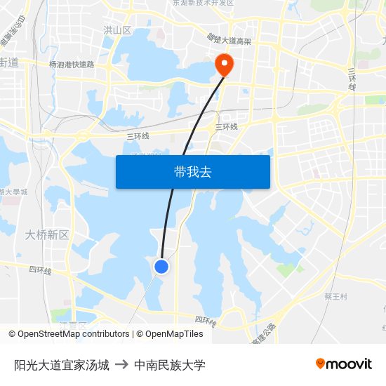阳光大道宜家汤城 to 中南民族大学 map