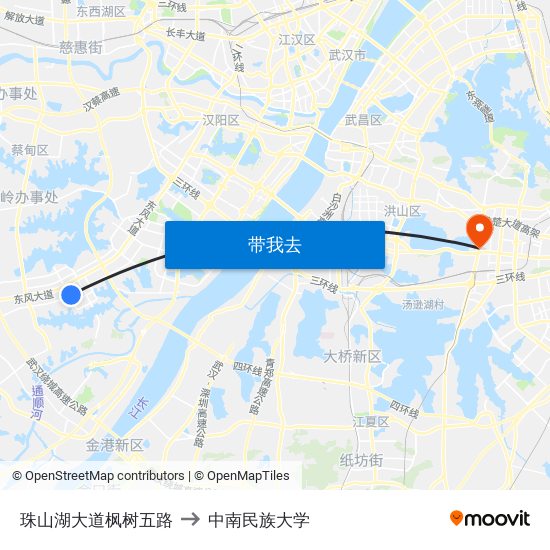 珠山湖大道枫树五路 to 中南民族大学 map