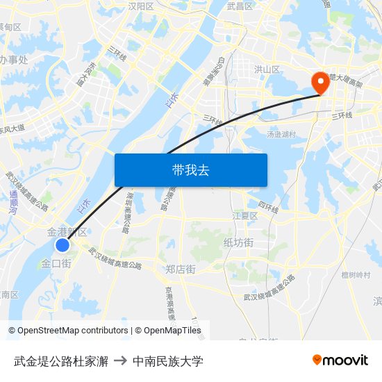 武金堤公路杜家澥 to 中南民族大学 map