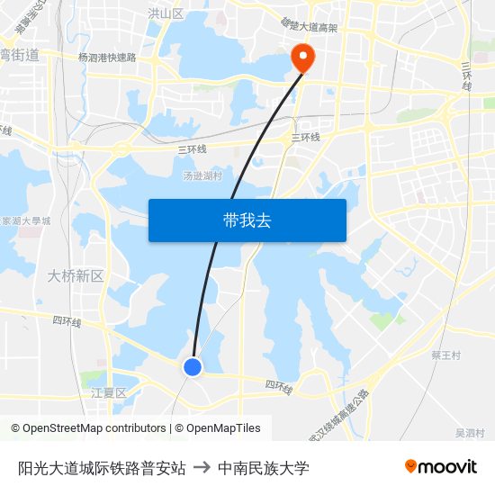 阳光大道城际铁路普安站 to 中南民族大学 map