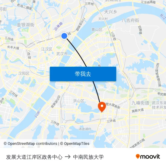 发展大道江岸区政务中心 to 中南民族大学 map