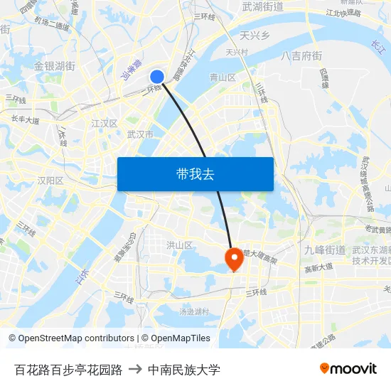 百花路百步亭花园路 to 中南民族大学 map