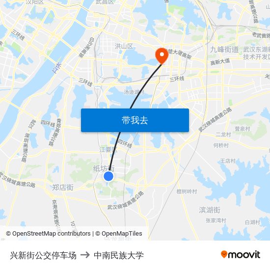 兴新街公交停车场 to 中南民族大学 map