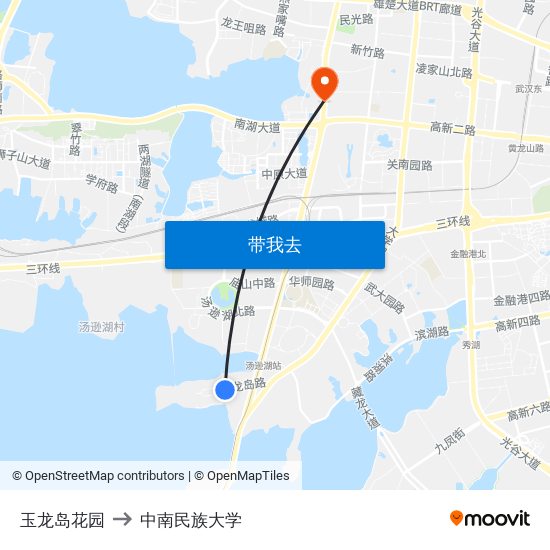 玉龙岛花园 to 中南民族大学 map