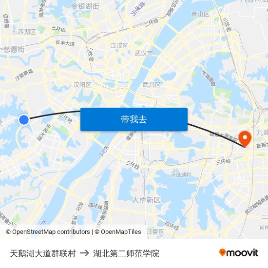 天鹅湖大道群联村 to 湖北第二师范学院 map