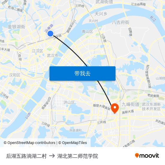 后湖五路淌湖二村 to 湖北第二师范学院 map