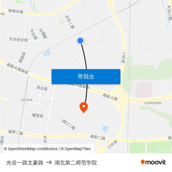 光谷一路文豪路 to 湖北第二师范学院 map