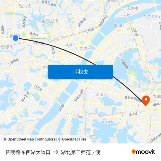 四明路东西湖大道口 to 湖北第二师范学院 map