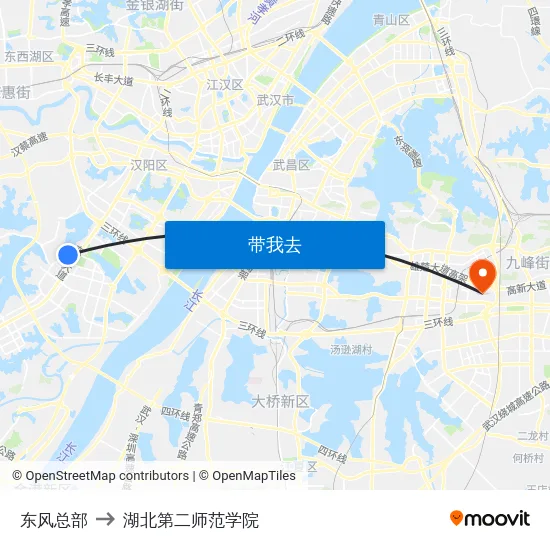 东风总部 to 湖北第二师范学院 map