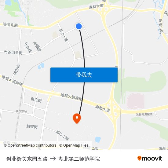 创业街关东园五路 to 湖北第二师范学院 map