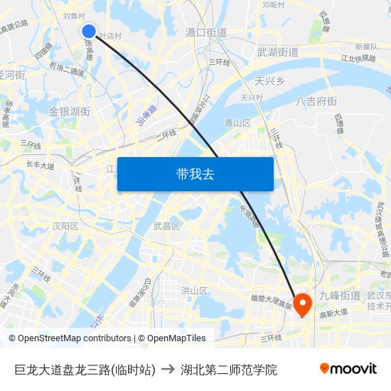 巨龙大道盘龙三路(临时站) to 湖北第二师范学院 map