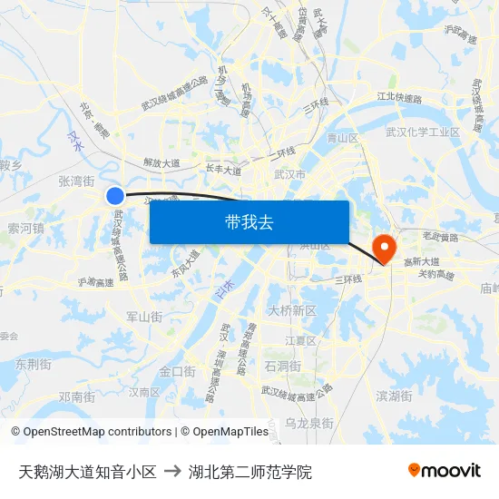 天鹅湖大道知音小区 to 湖北第二师范学院 map