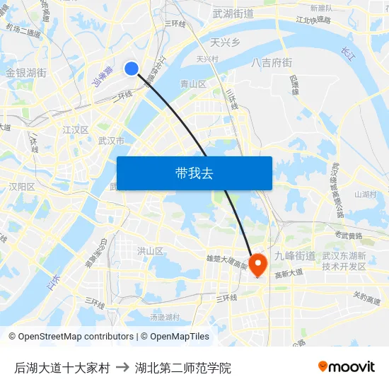 后湖大道十大家村 to 湖北第二师范学院 map