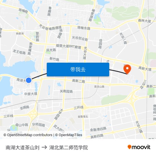 南湖大道茶山刘 to 湖北第二师范学院 map