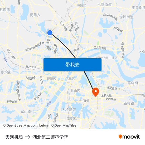 天河机场 to 湖北第二师范学院 map