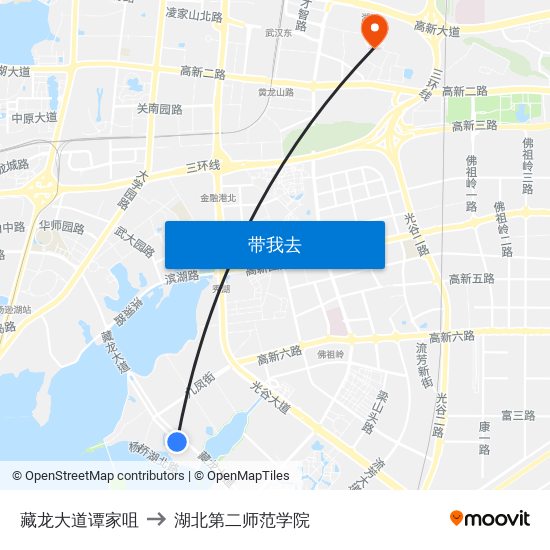 藏龙大道谭家咀 to 湖北第二师范学院 map